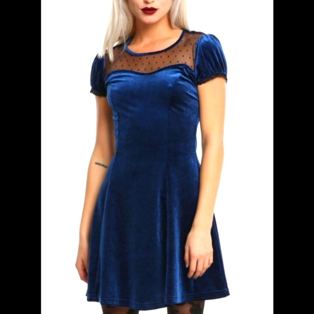 Hot Topic Black Mesh Collar Blue Velvet Puff Sleeve Dress